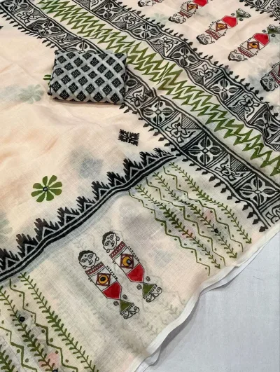 Linen Worli Printed Saree - Off White